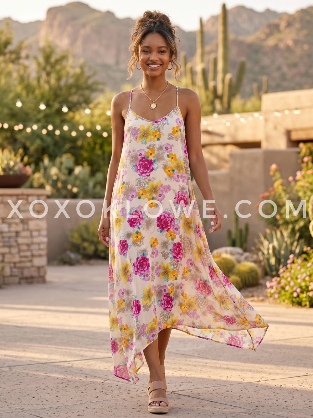 Lovestitch Pink Floral Handkerchief Hem Slip Dress | Flowy Boho Midi Dress.